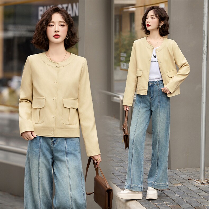 2025春秋季新款高级感质感长袖短款圆领pu皮衣夹克欧美时尚外套女，女装皮衣，江南女神