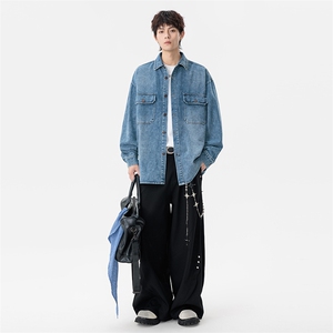 新款(跨境货源）长袖牛仔衬衫男宽松休闲外套图片