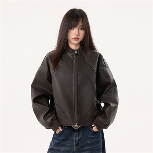 黑色辣妹立领短外套女秋冬款美式宽松显瘦皮衣夹克上衣YD04-P115图片