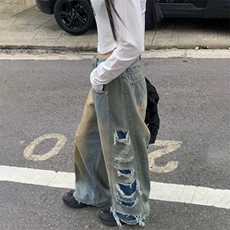 韩版潮款流苏破洞牛仔裤垂感长裤水洗牛仔裤朋克风直筒裤腿青少年，男装牛仔裤，星座506A