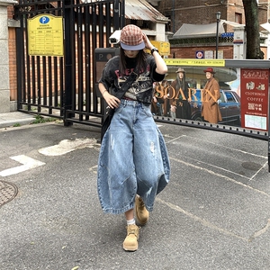 美式复古廓形弯刀牛仔男女款潮牌宽松设计感阔腿七分裤YD701-P65图片