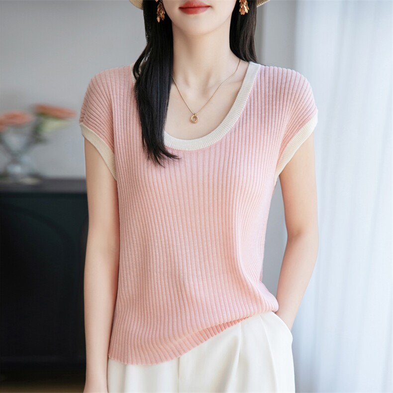 设计感上衣针织短袖女夏季薄款天丝t恤2025新款宽松拼色圆领体恤,女装T恤,菲奥羊绒