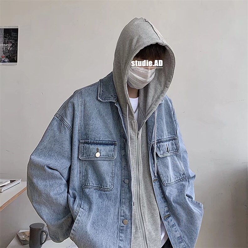 假两件牛仔外套男春秋季潮牌设计感夹克韩版潮流帅气百搭连帽上衣图片