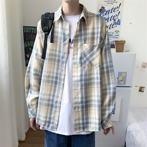 复古衬衣青少年港风文艺格子衬衫男长袖休闲韩版外套 W1076-P30图片