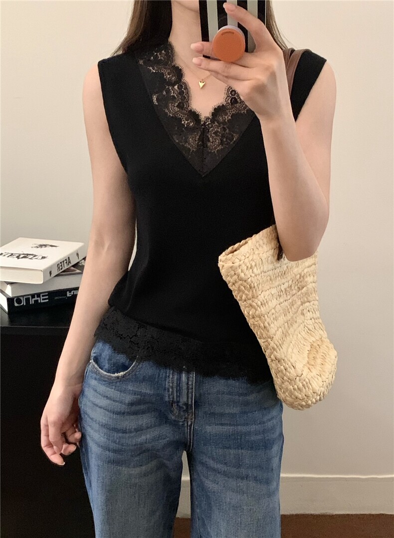 背心女2025新款外穿针织无袖衫内搭精纺超薄水溶蕾丝吊带,女装背心吊带,缘满羊绒