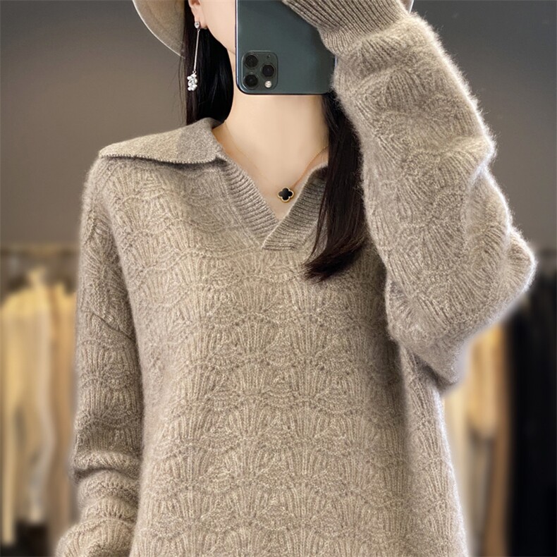 2024秋冬季新款翻领长袖女宽松外穿慵懒风羊毛衫,女装羊毛衫,迅太羊绒