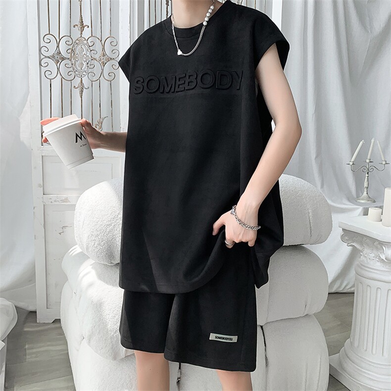 夏季宽松钢印麂皮绒套装男背心短裤两件套港风B299-X5519-P65控85，男装牛仔裤，电商A061-1