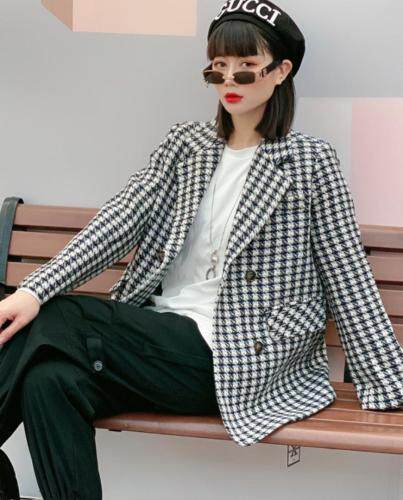 四粒扣西装领格子外套，女装西装，昕叶良品
