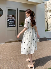 提花潮风盘扣连衣裙，女装连衣裙，天使公主