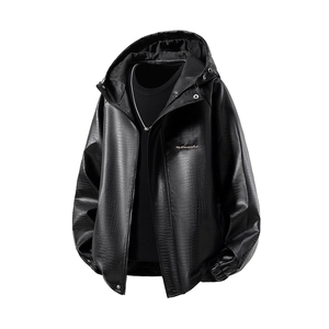 立体白底连帽鳄鱼纹PU皮衣大码M-5XL冲锋衣夹克男JK8744P90控128,男装皮衣,星座227-7