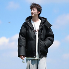 现货5W件冬季三防重磅boxy短款羽绒连帽PU皮棉衣外套防风加厚棉服，男装棉衣，电商A443