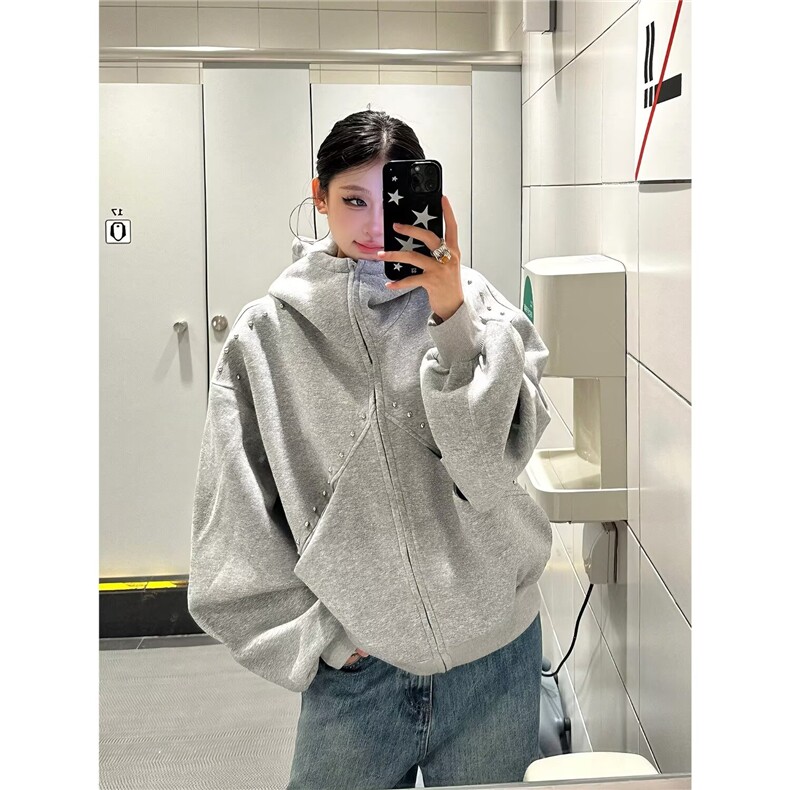小众铆钉拼接杜宾犬连帽开衫卫衣男女,男装卫衣,星座410-7