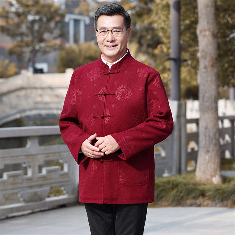 2024年秋季时尚潮流中老年男女款长袖立领单排扣全身福字羊毛呢,女装毛呢外套,衣恋羊绒