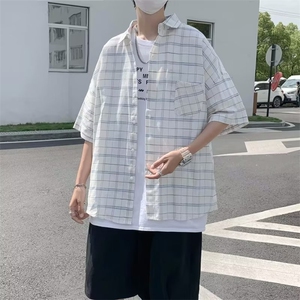 日系五分袖春夏季新款衬衫潮流慵懒男方领宽松型衬衫C61P30图片