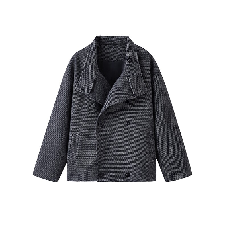 WT520-P95秋冬翻领双排扣人字纹呢大衣男士短款加棉加厚外套，女装短外套，电商A058-1（原电商C417）
