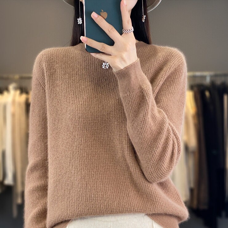 羊毛衫女圆领桂花针纯色长袖毛衣宽松打底衫上衣,女装羊毛衫,犀桦羊绒