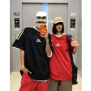 主推 复古杠条织带运动型情侣短袖T恤衫重磅插肩袖体恤H825 P38男图片