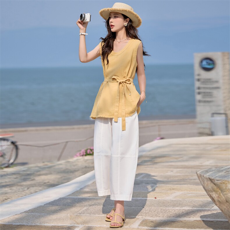 通勤出街气质棉麻两件套女2025夏季新款韩版长裤上衣搭配套装,女装套装/套裙,梦懿尔