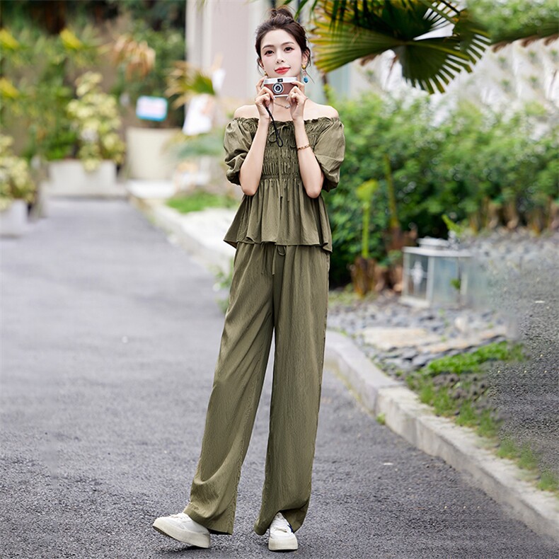 欧货休闲阔腿裤套装女2025夏新款时尚小个子娃娃衫显瘦遮肉两件套，女装套装/套裙，美静678