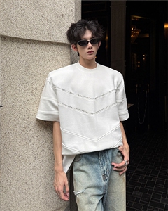 25设计感男士拼接刺绣重工定珠解构男士垫肩T恤dx251-p78图片