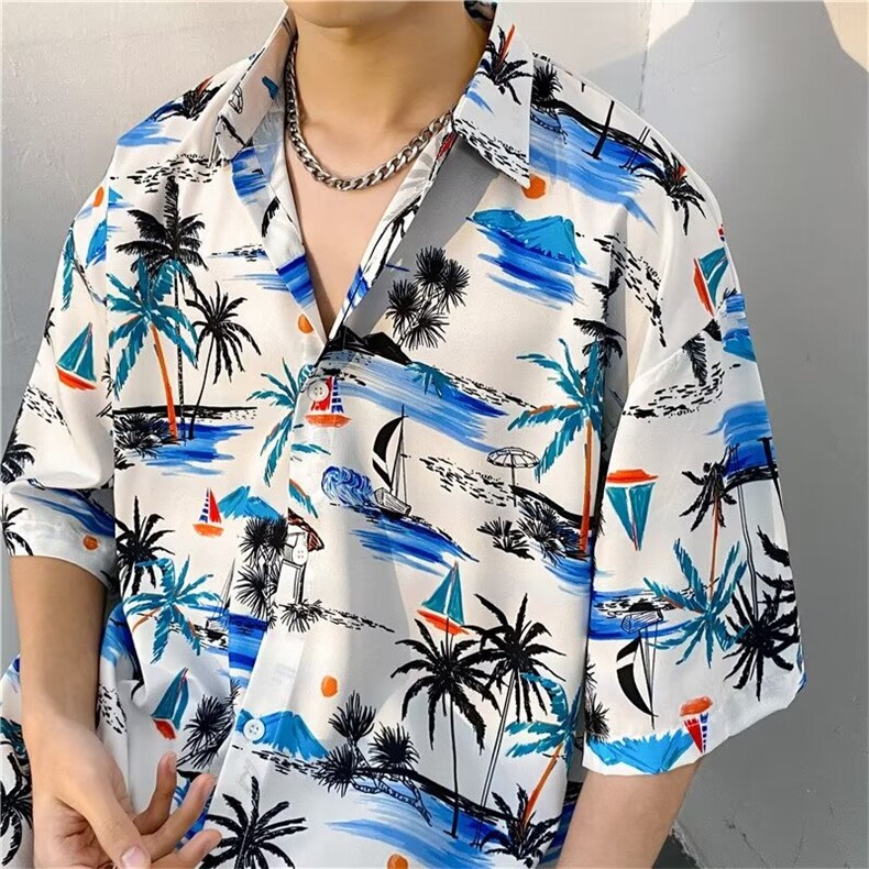 夏威夷碎花短袖衬衫男夏季薄款宽松休闲沙滩度假风情侣装半袖上衣,男装衬衫,星座410-7