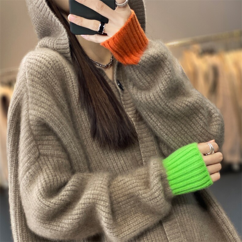 欧美范撞色100%羊毛衫女连帽开衫针织衫毛衣中长款羊绒衫外套大衣,女装羊毛衫,艾驰羊绒