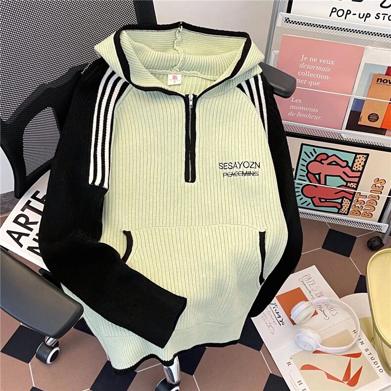 半拉链毛衣男冬季宽松针织衫拼接撞色慵懒风毛线衣外套MZ775-P41,男装针织衫/毛衣,星座412-3