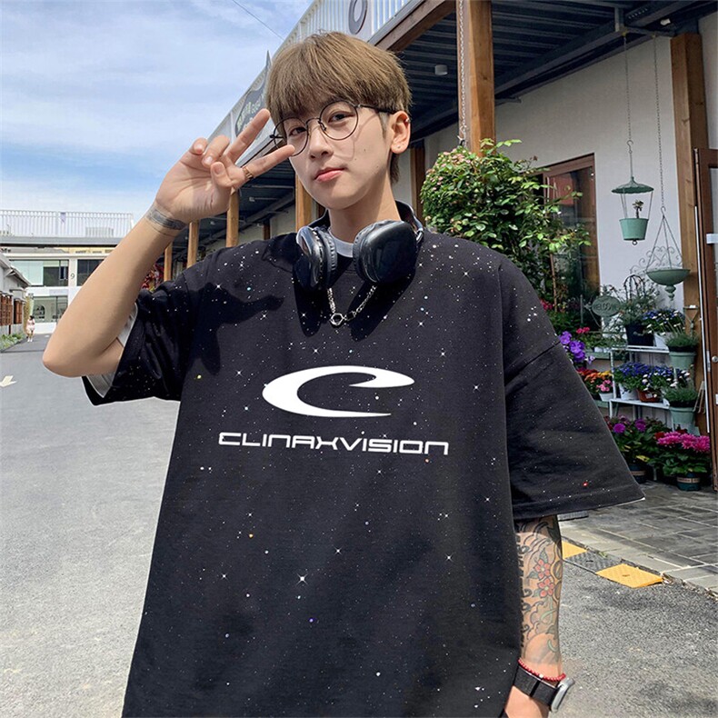 可48小时发货支持抖音得物来样二开美式满天星亮片短袖T恤MTX651,男装T恤,电商A486-1