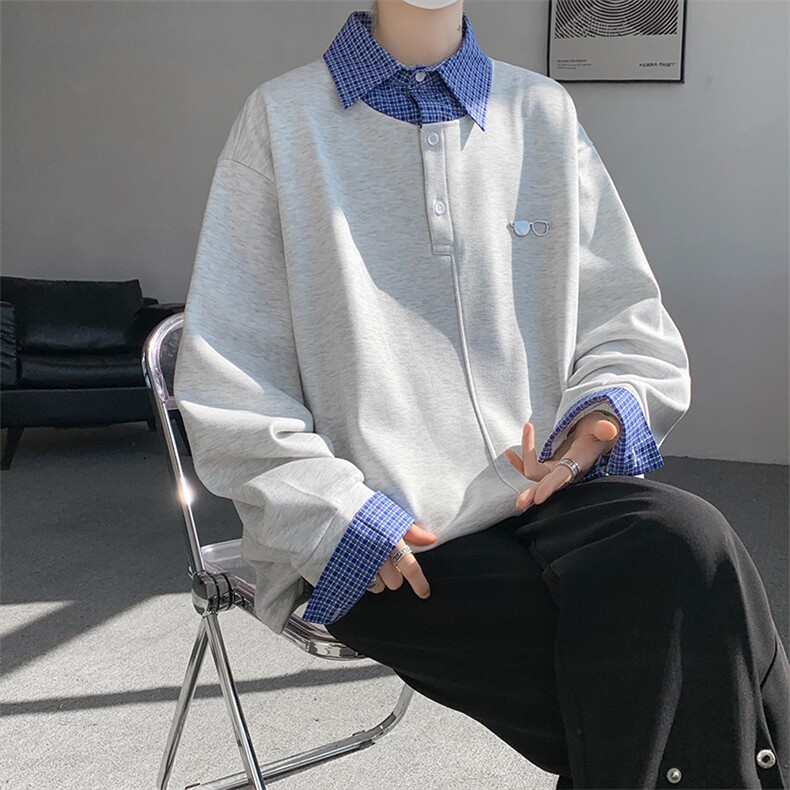 WY10102-特P42美式复古高级感卫衣男假两件痞帅炸街上衣大码T恤,男装T恤,电商A059