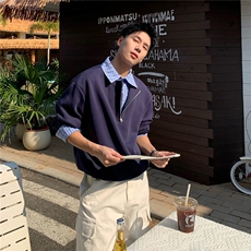 美式潮牌假两件POLO翻领半拉链卫衣男生cleanfit潮流上衣，男装Polo衫，四季星座505
