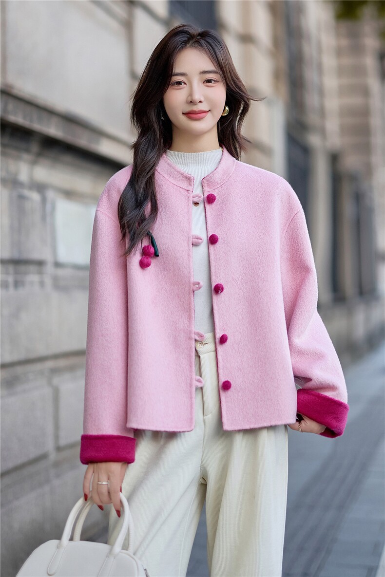 甜美气质撞色毛呢外套女短款2025秋冬新款洋气减龄双面羊毛呢大衣,女装毛呢外套,韩宇舍
