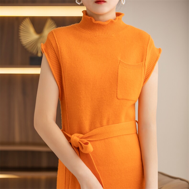 2024秋冬季新款高腰显瘦系带收腰显瘦无袖女中长款背心裙，女装连衣裙，迅太羊绒