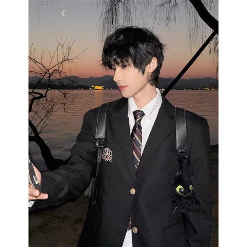 制服男徽章黑色西装外套男日系复古高级感学院风休闲西服潮,男装西服,星座506A