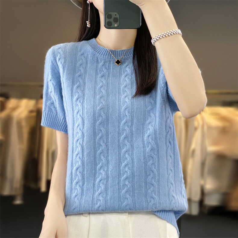 2023秋季新款圆领套头羊毛短袖女士纯色减龄气质百搭时尚毛衣,女装T恤,鹿一羊绒