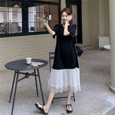 设计感通勤风蕾丝花边拼接连衣裙女夏季2025新款别致简约淡人长裙，女装连衣裙，秋水欣儿