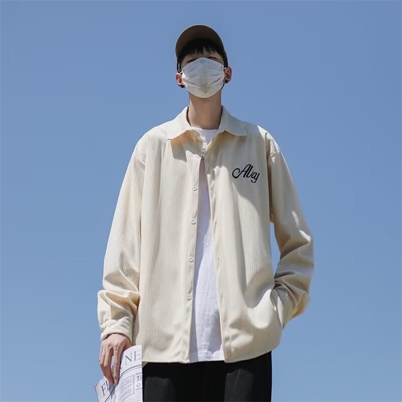2024秋日系复古灯芯绒长袖衬衫秋新款字母绣花宽松外套男H05/P40,男装衬衫,星座506