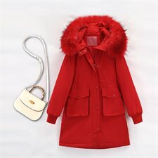 2024棉衣中长款修身加厚通勤拉链连帽纯色气质大毛领时尚结婚潮，女装棉衣/棉服，艾仟回(原伊仟回)