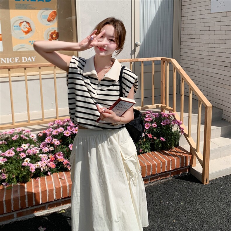 韩系穿搭休闲时尚套装裙女2025夏季新款条纹无袖T恤半身裙两件套,女装套装/套裙,慧尚依恋