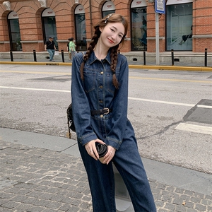 港风蓝色复古牛仔连体裤女2025春秋季新款韩版高腰休闲显瘦连衣裤图片