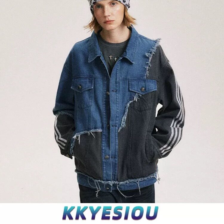 不规则拼接设计感工装牛仔夹克男春秋季新款宽松休闲牛仔外套上衣图片