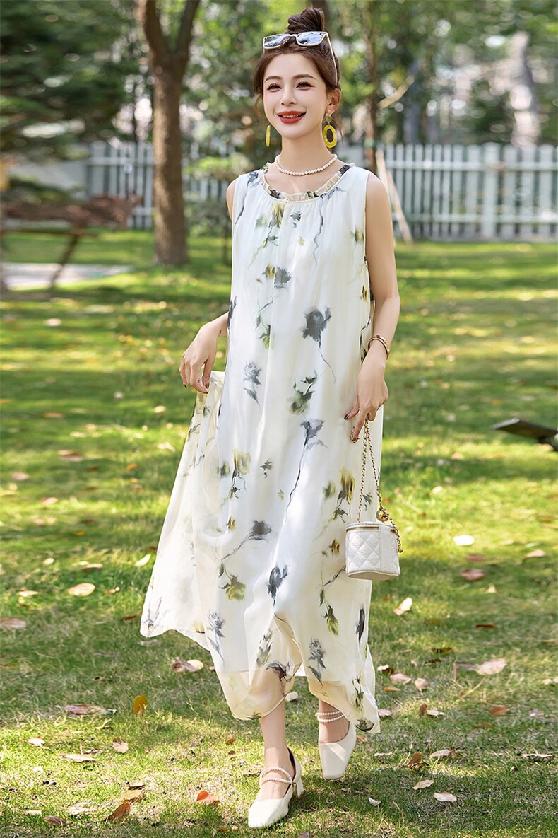 PINKWIN2025夏季新款真丝无袖花卉连衣裙女高级感桑蚕丝度假长裙,女装连衣裙,诺蝶