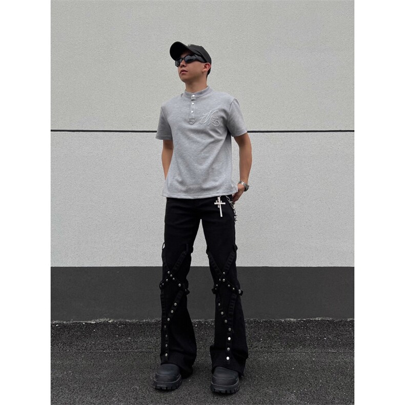黑男美式高街纽扣绑带黑色牛仔裤小众设计感宽松直筒微喇裤子,男装牛仔裤,四季星座505
