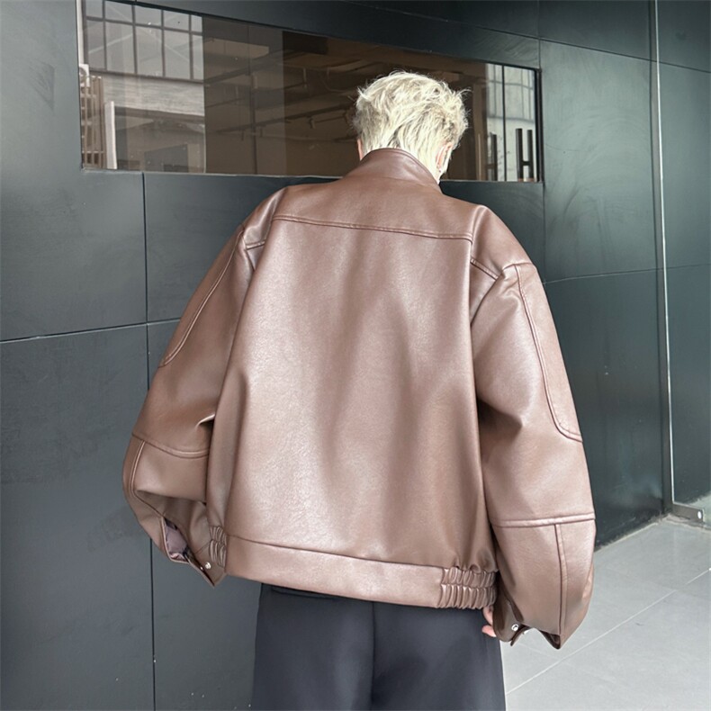 垫肩夹克外套男设计感廓形翻领短款pu皮衣拉链外套复古HY199,男装皮衣,星座506