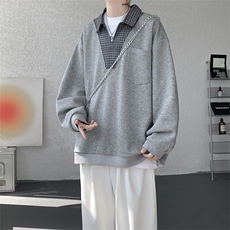 WY10153-特P48控88小众撞色面料拼接格子假两件大码男宽松卫衣，男装卫衣，电商A059