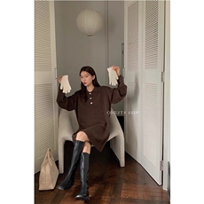 polo领毛衣裙女秋冬季新款韩系简约宽松显瘦翻领针织裙，女装连衣裙，思途羊绒