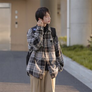 秋冬款cityboy格子衬衫外套男宽松港风日系长袖衬衣DX189P60控78图片