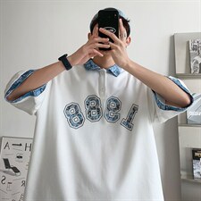 新款优品男士短袖刺绣贴标半开拉链印花T恤宽松上衣ZD3314-P54图片