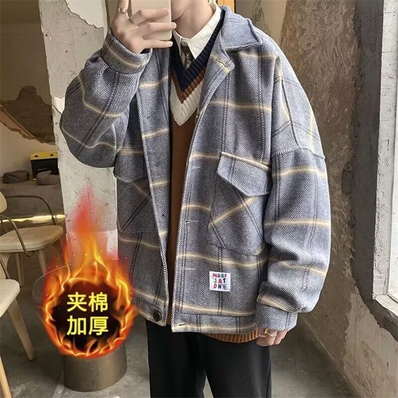 高级感格子毛呢外套男潮牌痞帅宽松休闲情侣夹克秋冬款加厚呢大衣,男装夹克,星座506