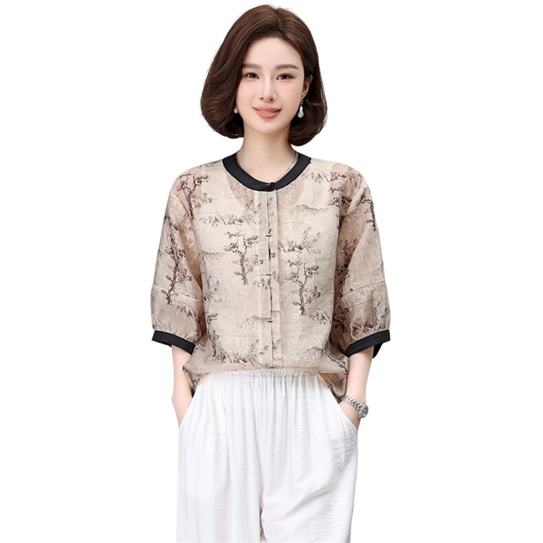 2024夏装新款新中式复古提花衬衫上衣,女装衬衫,鑫鑫格