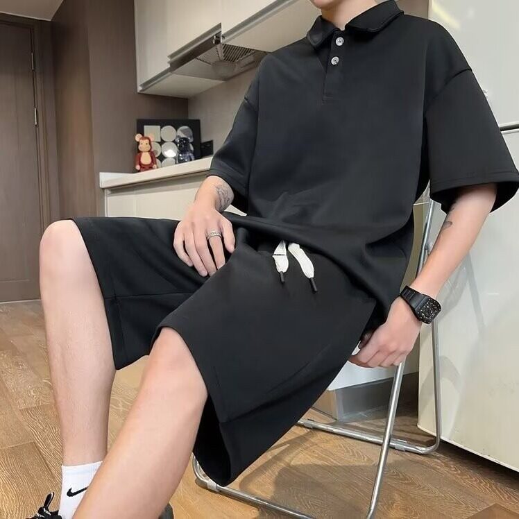 夏季短袖polo衫短裤套装潮牌百搭宽松情侣时尚翻领t恤帅气两件套,男装T恤,星座1210-1